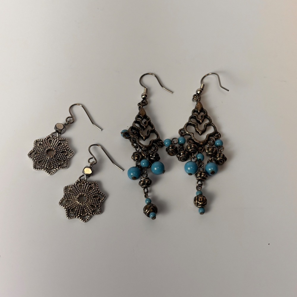 Vintage Chandelier & Flower Earrings Silver Blue Bead Boho Y2K Statement Lot